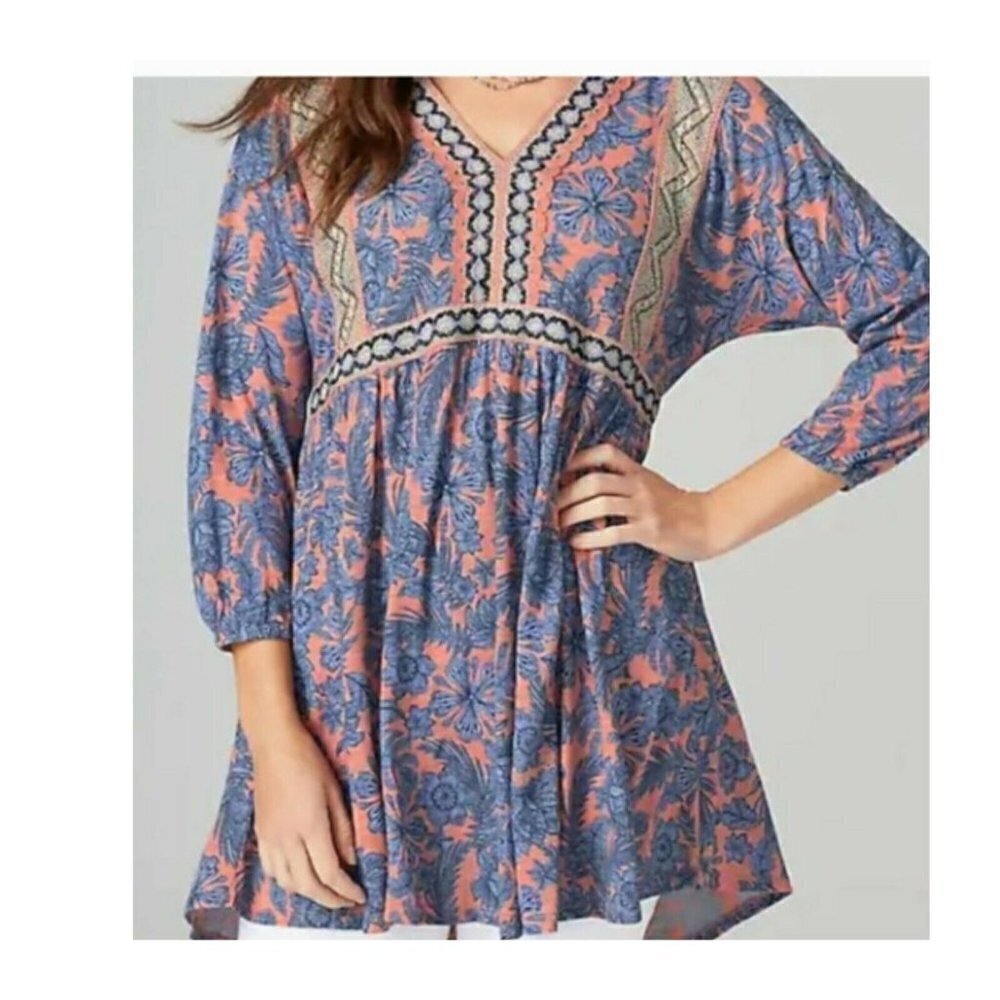 J. Jill Women's Tunic Top Crochet Trim Floral Tie-Back Blouse Boho Oversized XS